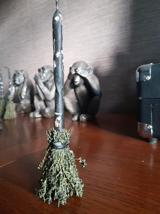 Black beewax Candle with wormwood. Black  broomstick.