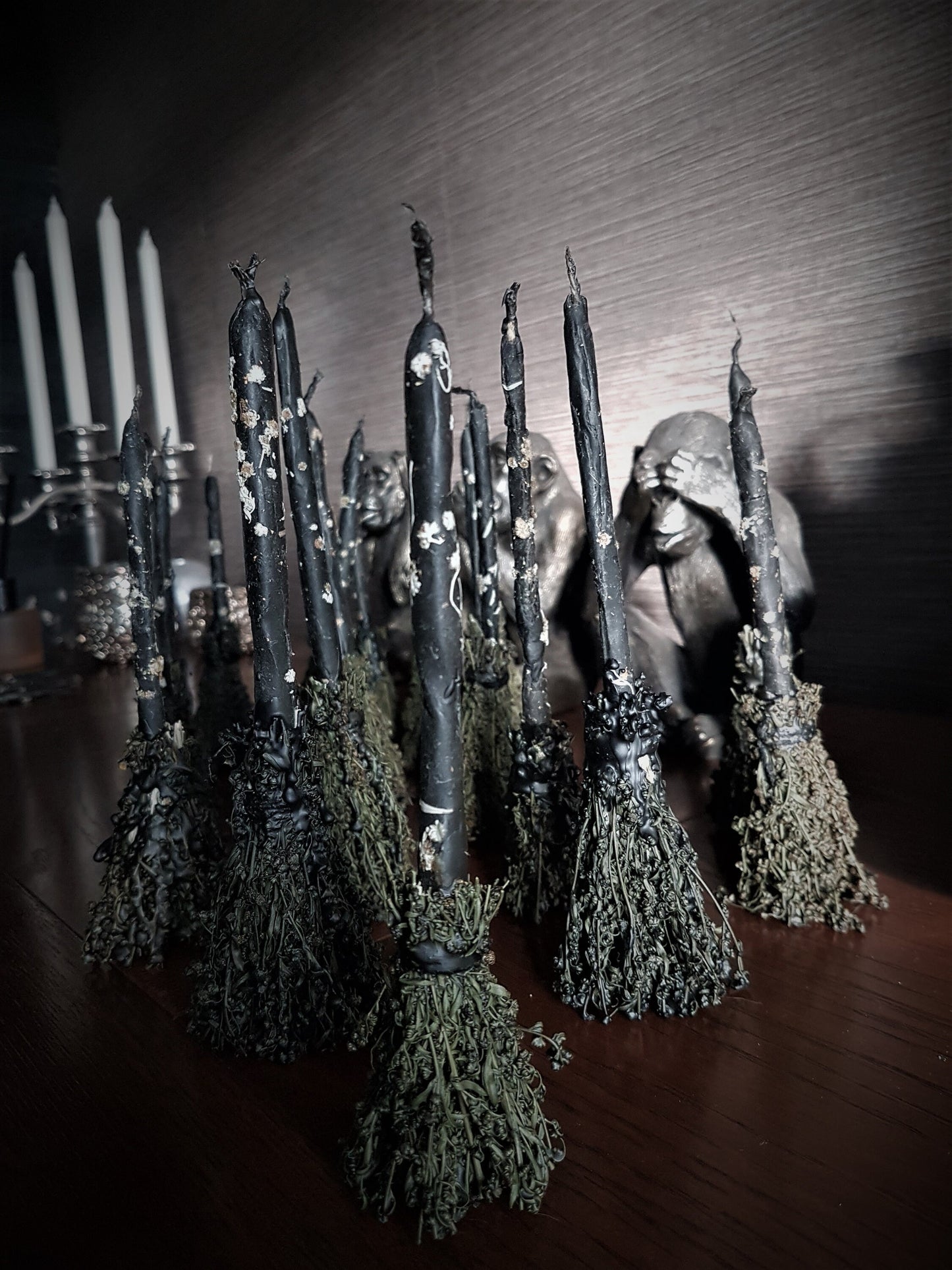 Black beewax Candle with wormwood. Black  broomstick.