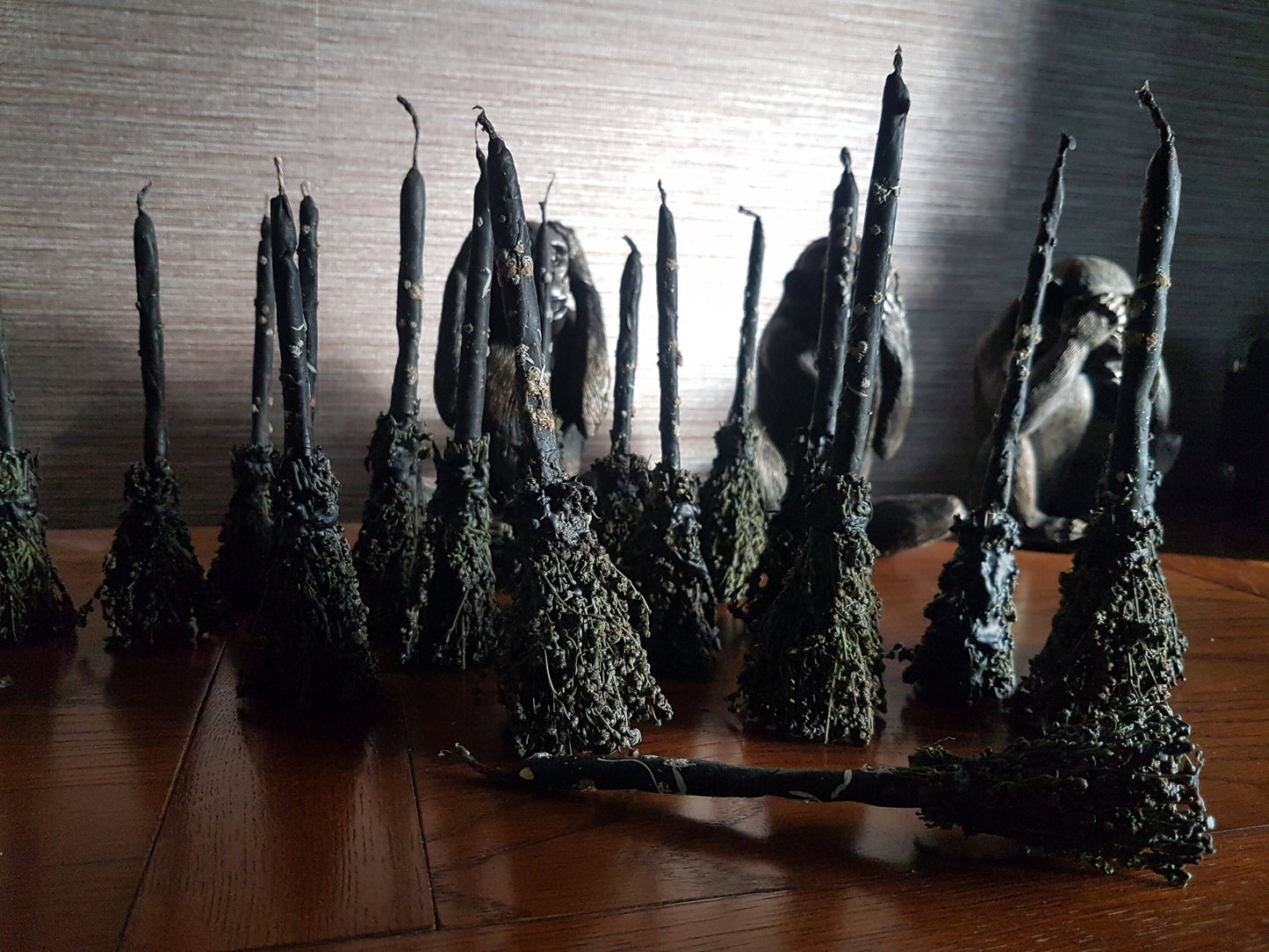 Black beewax Candle with wormwood. Black  broomstick.